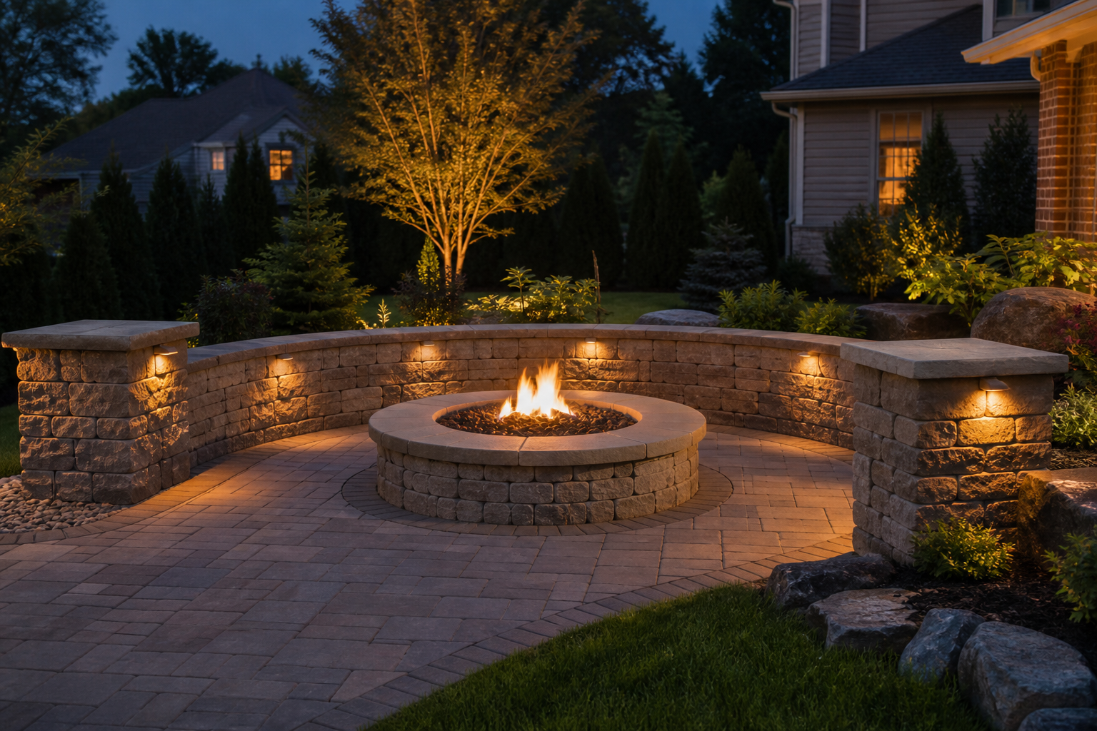 Illustration of a fire pit and curved outdoor seating wall
