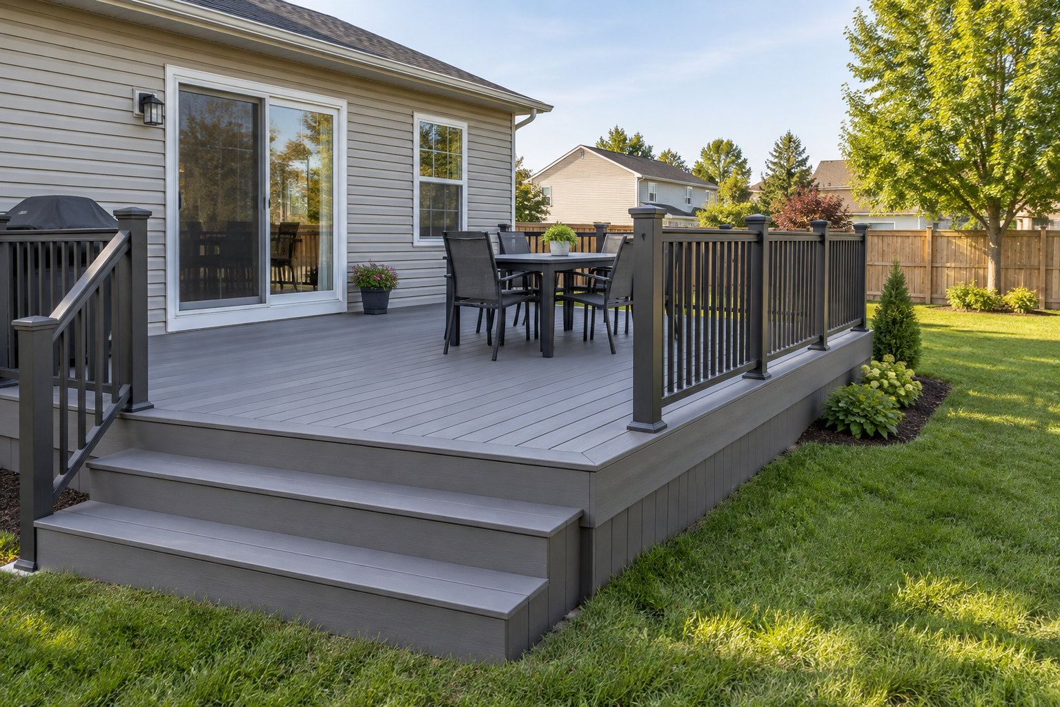 Illustration of a finished composite deck with railings