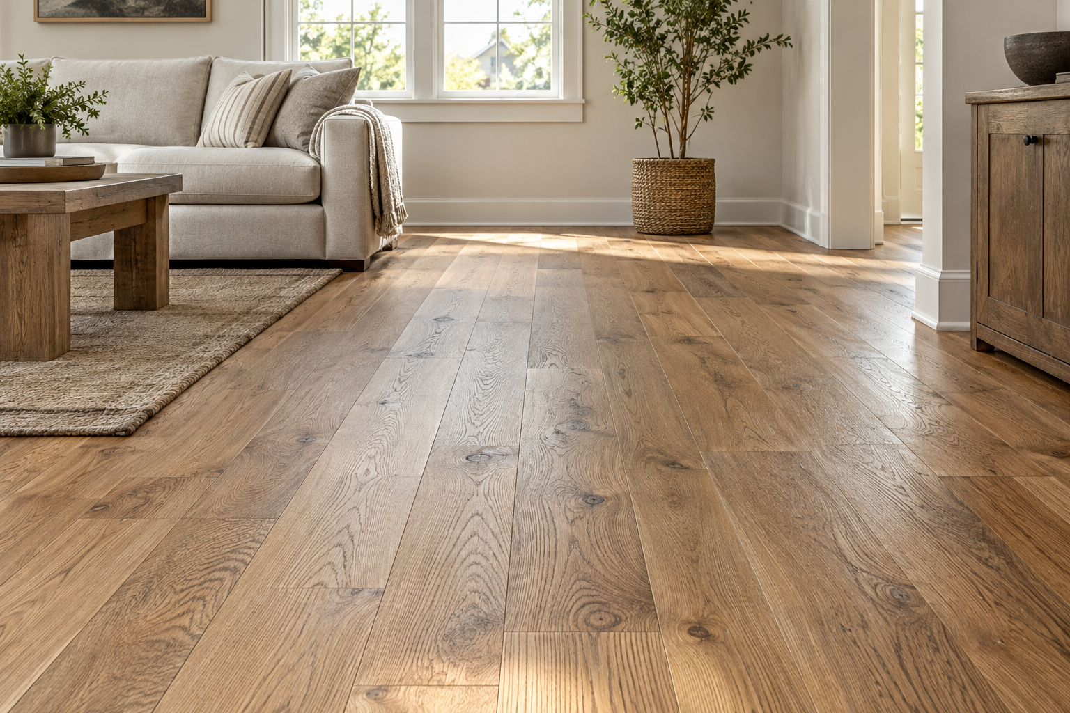 Illustration of an interior with oak hardwood flooring