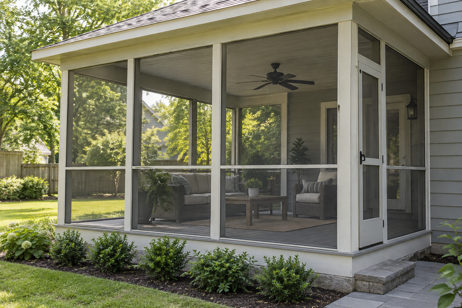 Illustration of a screened porch attached to a home